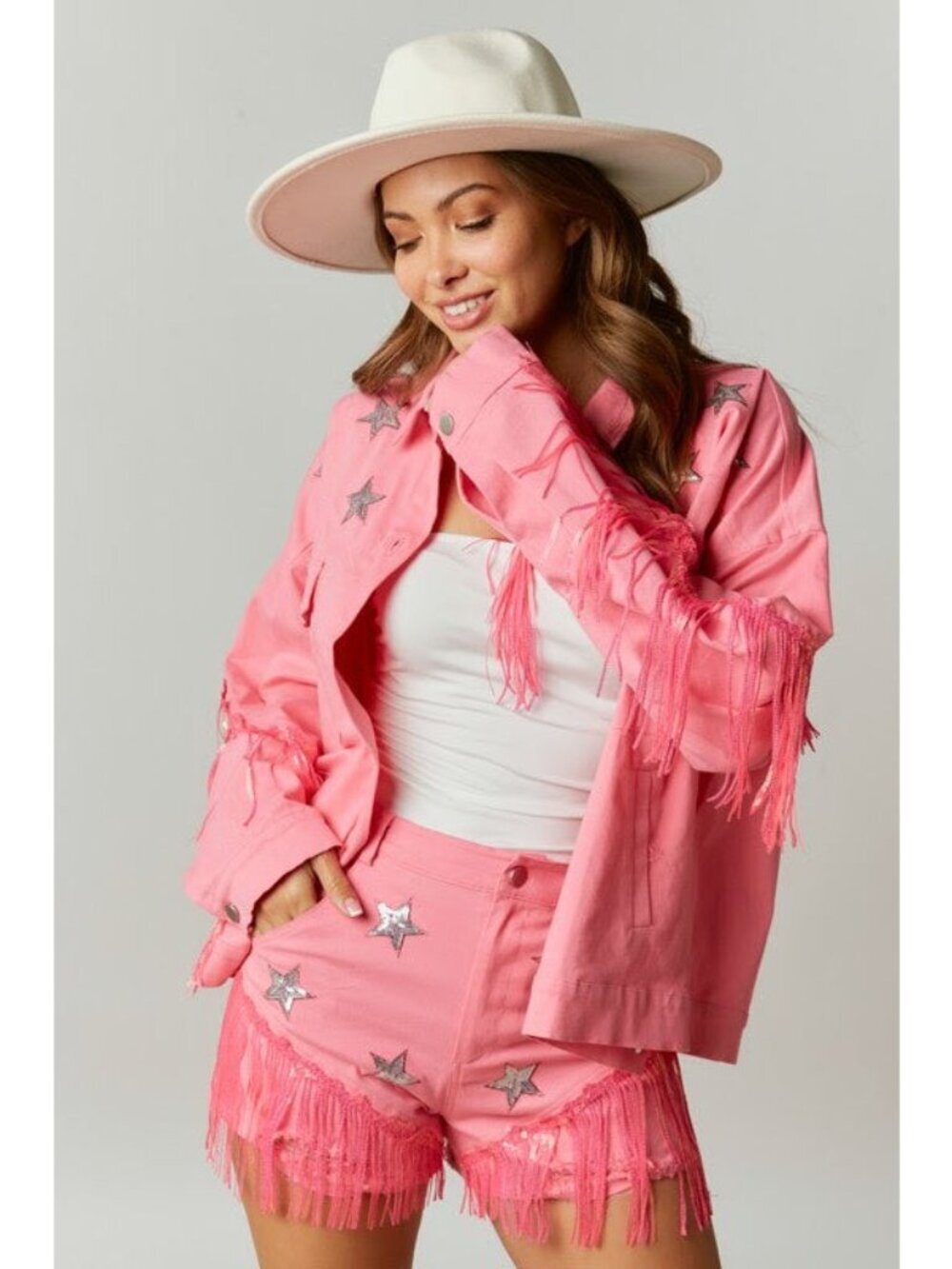 Western Diva Star Sequin Patch Fringe Jacket in Pink - Picture 3 of 9